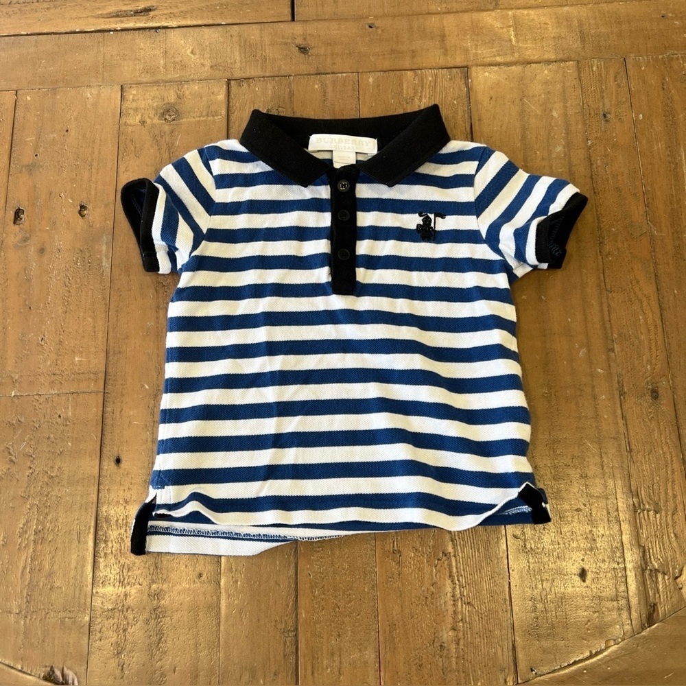Burberry Kids Blue And White Stripe Short Sleeve Polo Shirt 12 Months Baby